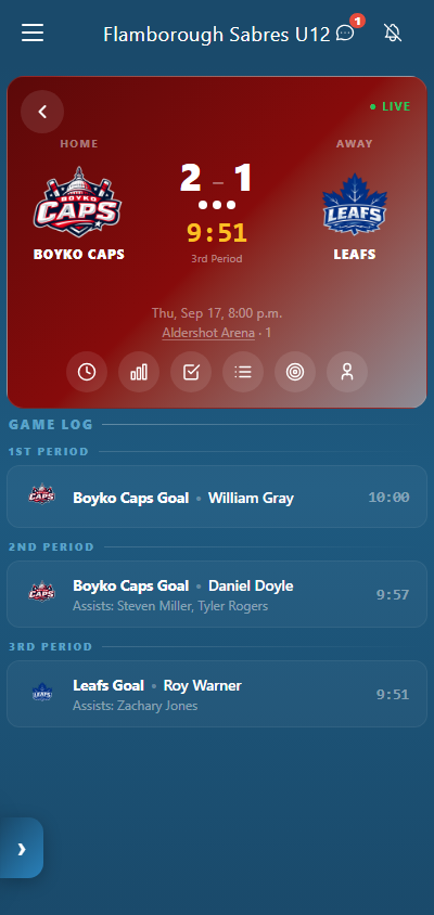 Hockey live game scoreboard and game log